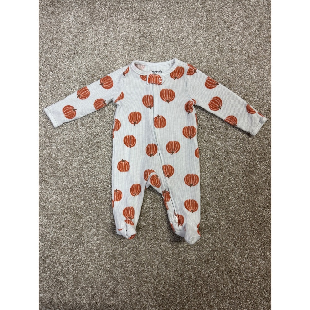 Carters Child of Mine Baby 0-3M Pumpkin Waffle Knit Footed Sleeper White Orange